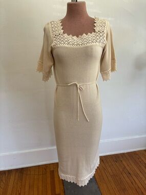 Cream Lace-Trim Knit Midi Dress with Waist Tie